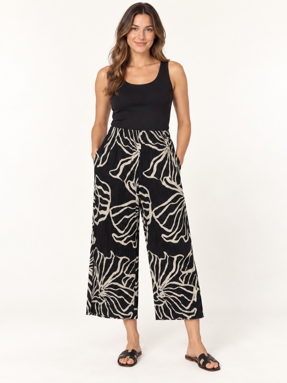 Nine West Women’s S Black Ivory Pleated Wide Leg Crop Pants Floral